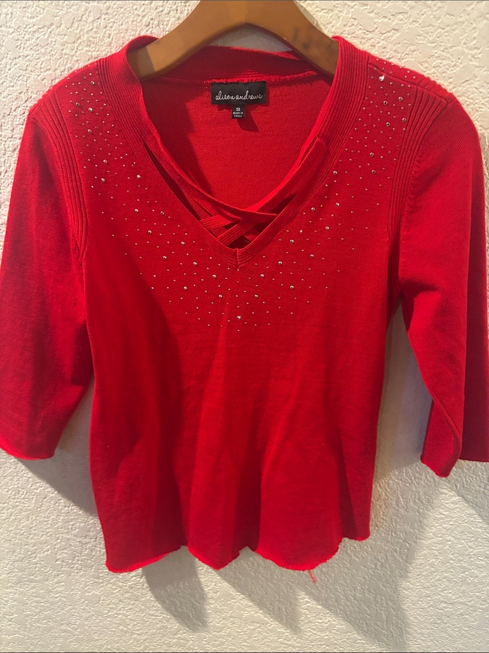Bright Red V-Neck Rhinestone Knit Top